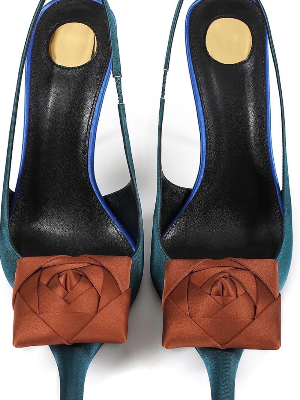 NWOT: Teal Slingback Heels with Brown Rose Accent